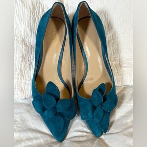 Ann Taylor Teal Suede Heels with Floral Accent